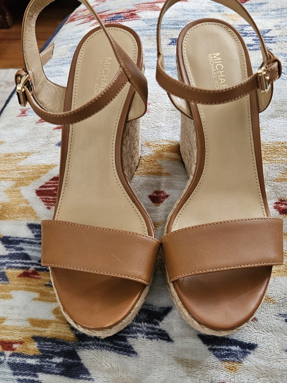 MICHAEL Michael Kors Tan Leather Espadrille Wedge Sandals with Ankle Strap